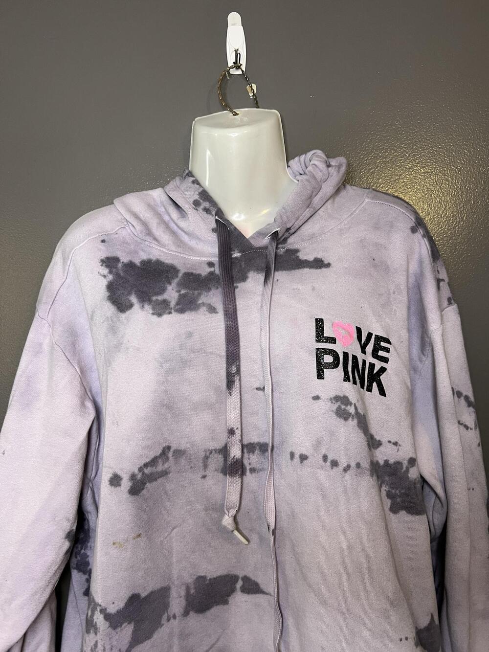 PINK Originals Hoodie Sweatshirt Womens XL Purple Tie Dye Love Pink Heart Dog